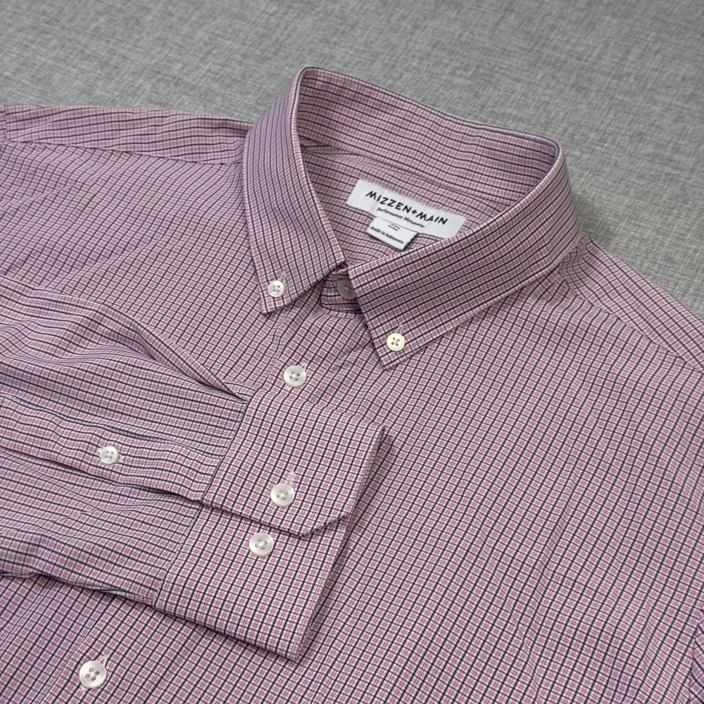 Mizzen + Main Performance Dress Shirt Men 2XL Trim Pink Check Button Long Sleeve